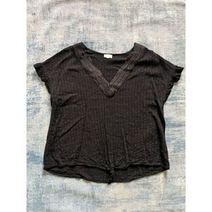 Hem & Thread Black Textured Stripe V Neck Tie Front Ruffle Sleeve Tee Large
